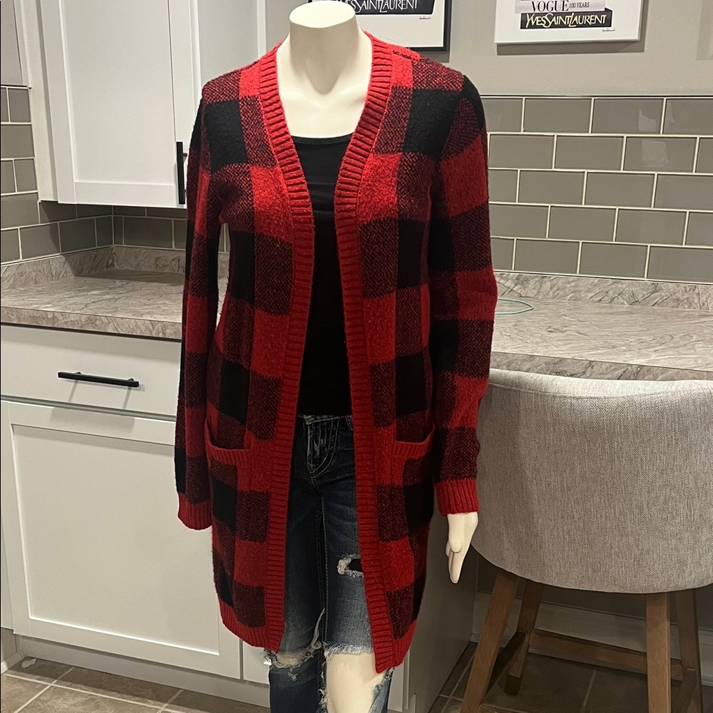 Maurices Red and Black Buffalo Plaid Open-Front Cardigan